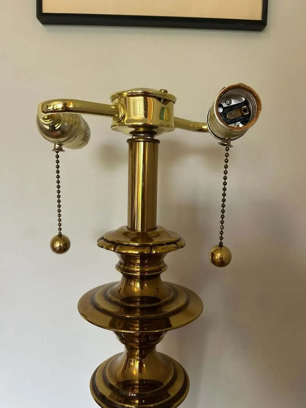 Vintage Stiffel Style Solid Brass Two-Bulb Table Lamp with Pull Chains